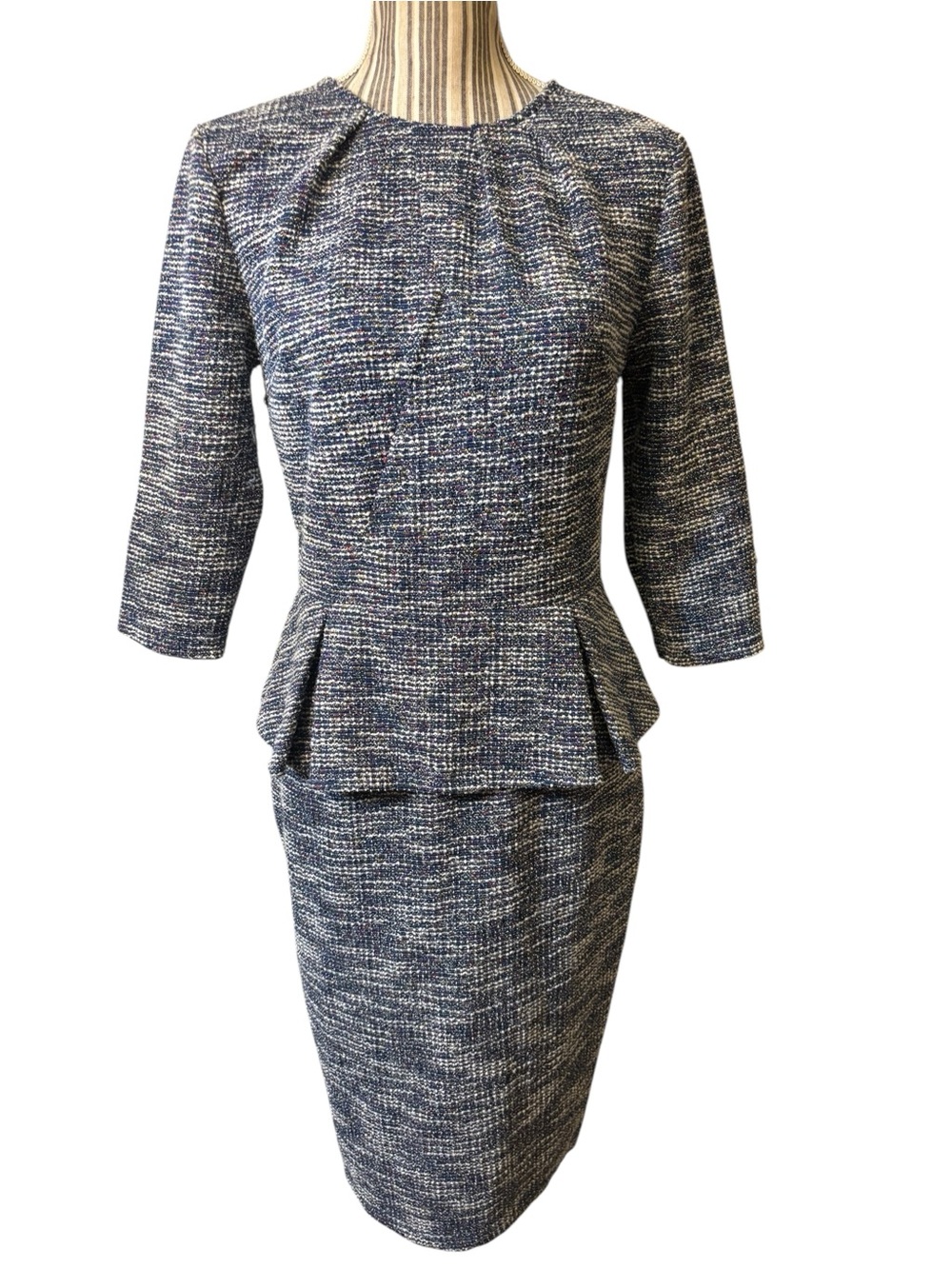 VFShow Dress Medium Navy Blue Tweed Peplum Midi Classic Shimmer Back Zip 3/4 Slv